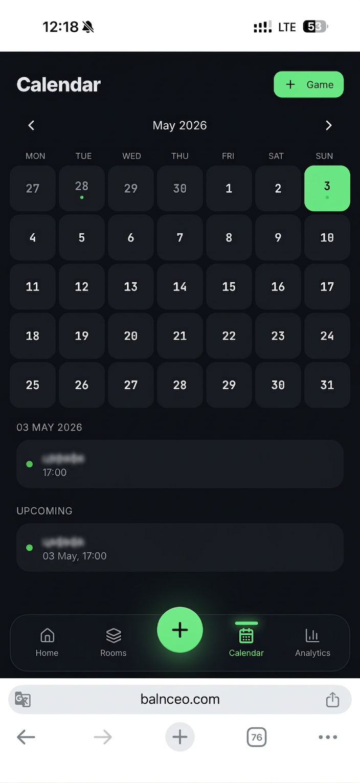 Balnceo calendar — scheduled poker sessions