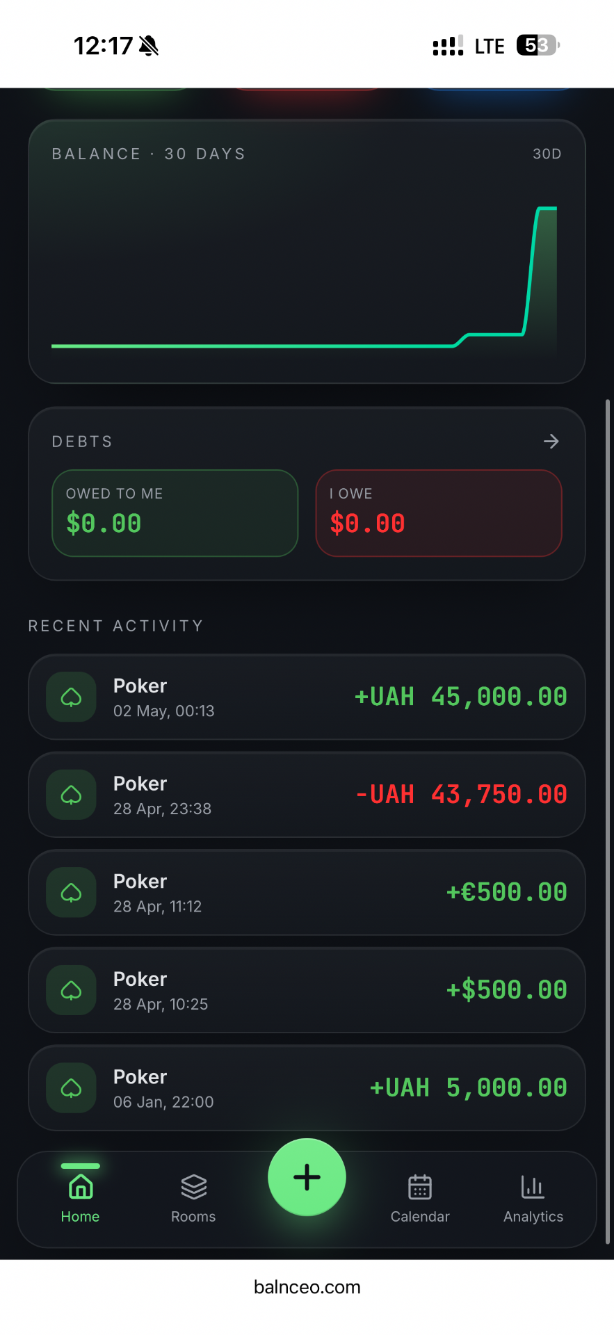 Balnceo dashboard — 30-day bankroll curve, debts and recent poker sessions