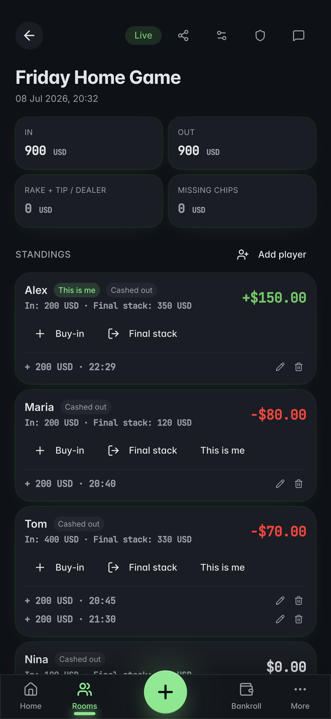 Balnceo rooms list — live and finished home games with buy-ins and totals